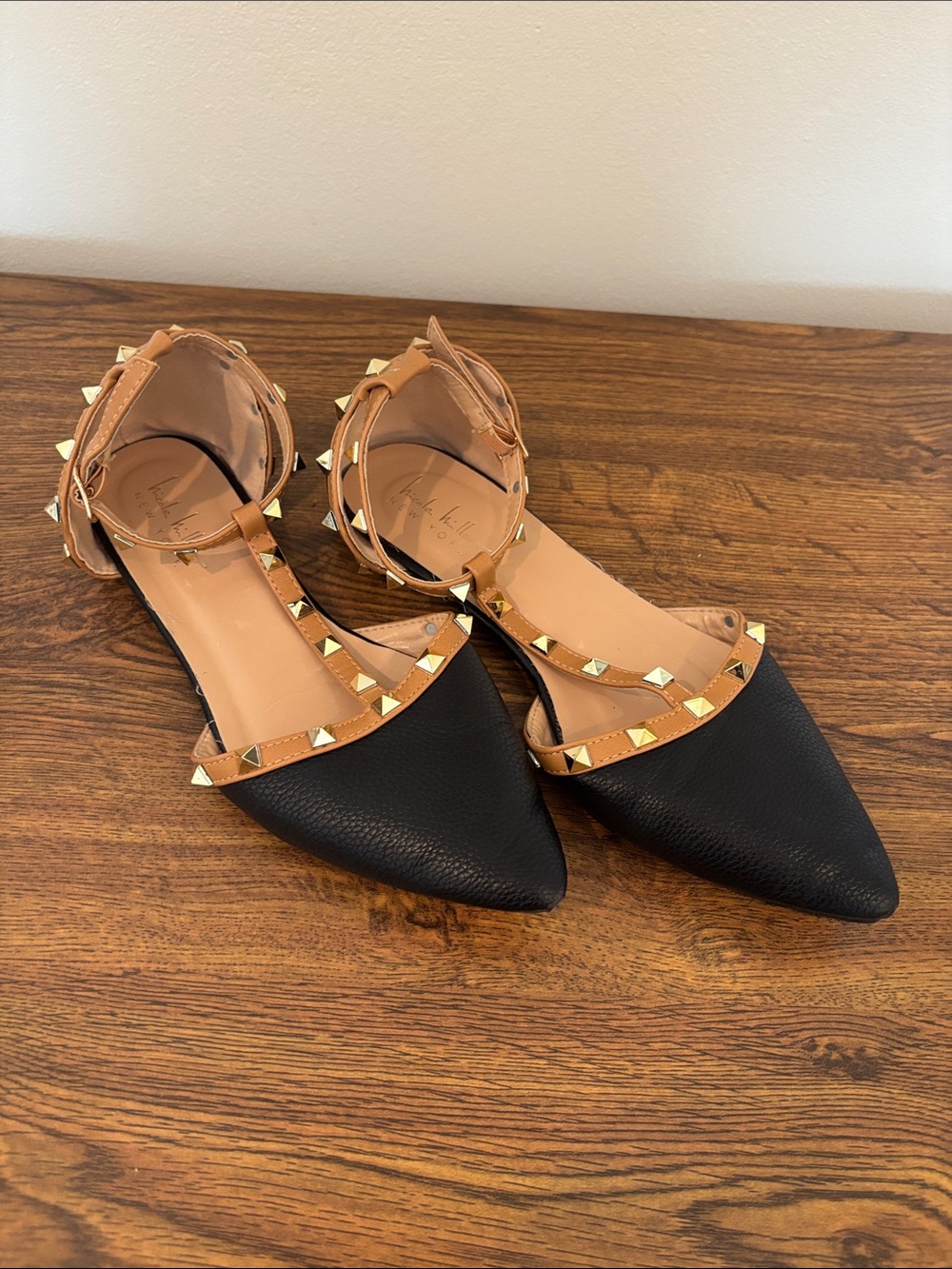 Nicole Miller Black Pointed Flats with Tan Studded Straps